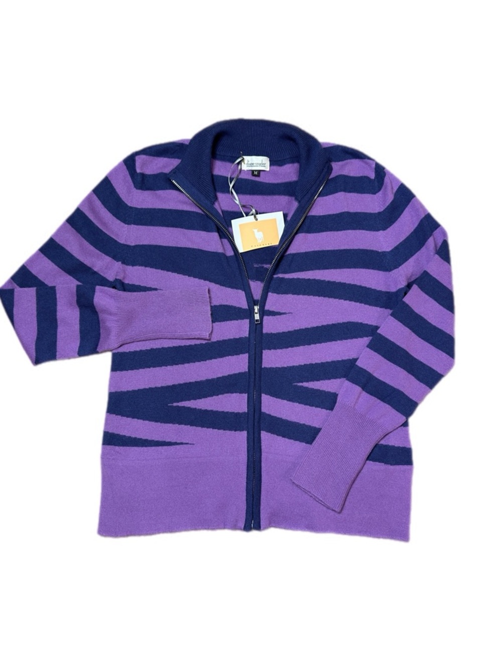 Diane Snyder NWT Cashmere Silk Striped Full Zip Sweater Cardigan Purple Navy M